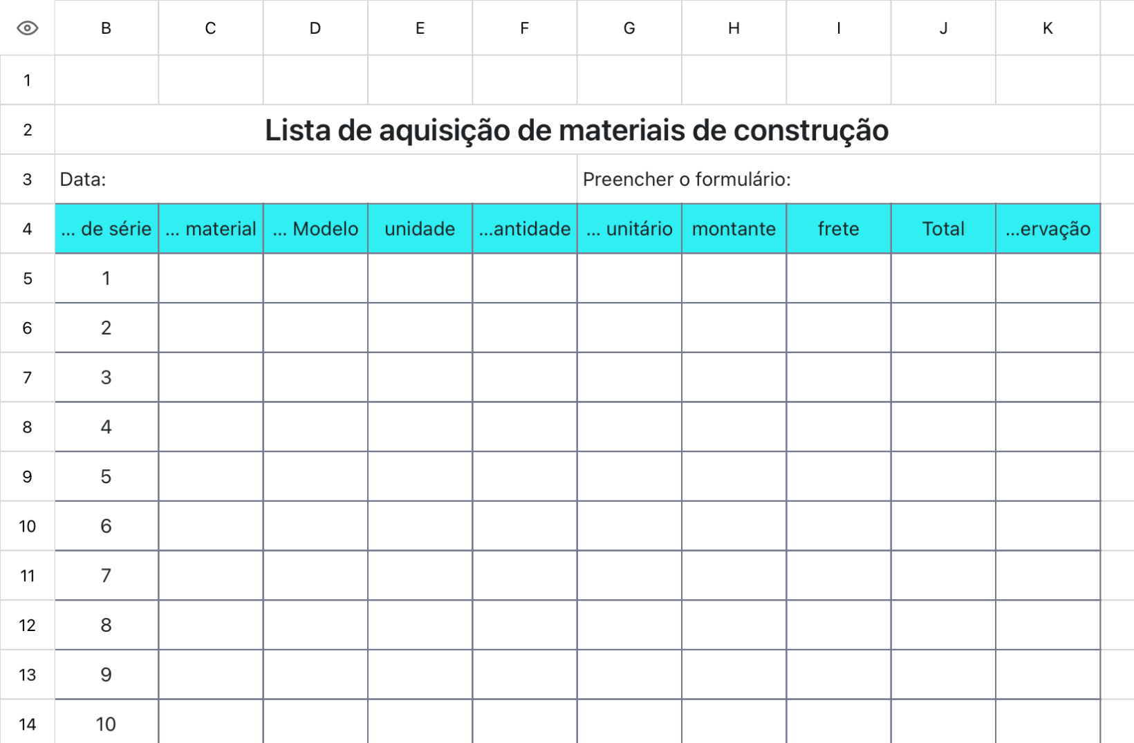 Lista de aquisição de materiais de construção